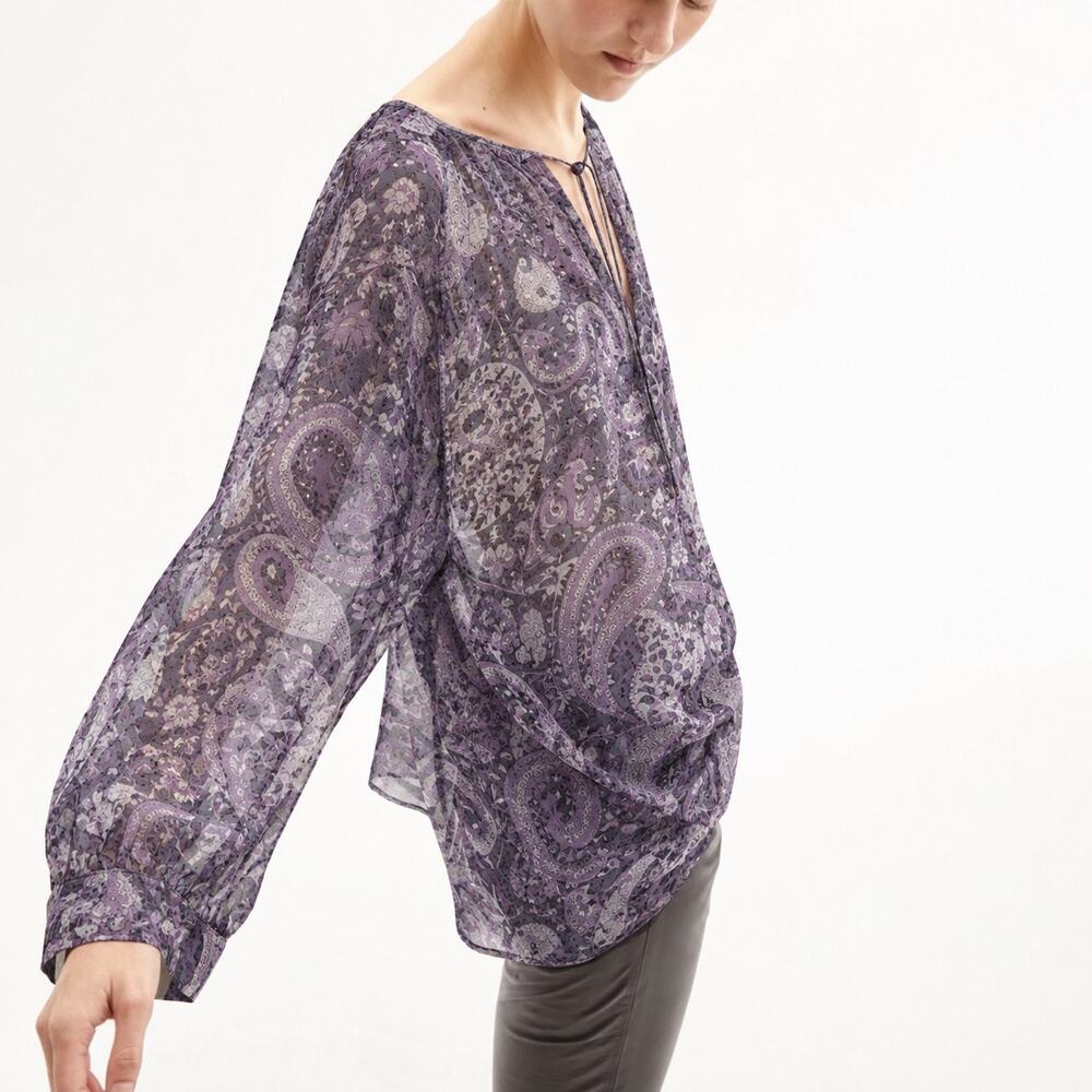 NILI LOTAN Acadia Paisley Print 100% Silk Blouse Purple Size Large L